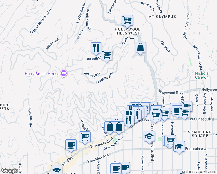 map of restaurants, bars, coffee shops, grocery stores, and more near 1693 Marmont Avenue in Los Angeles