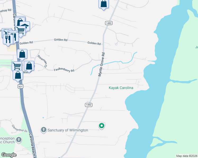 map of restaurants, bars, coffee shops, grocery stores, and more near 7105 Myrtle Grove Road in Wilmington