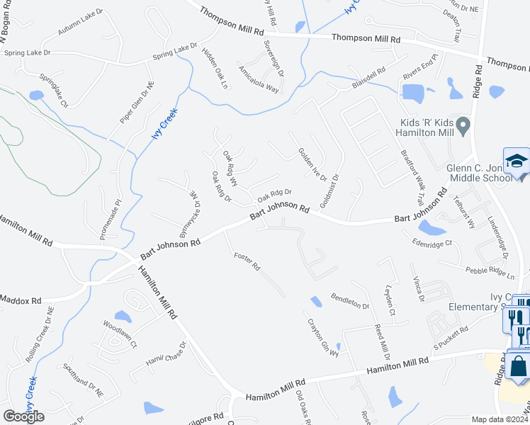 map of restaurants, bars, coffee shops, grocery stores, and more near 3025 Bart Johnson Road in Buford