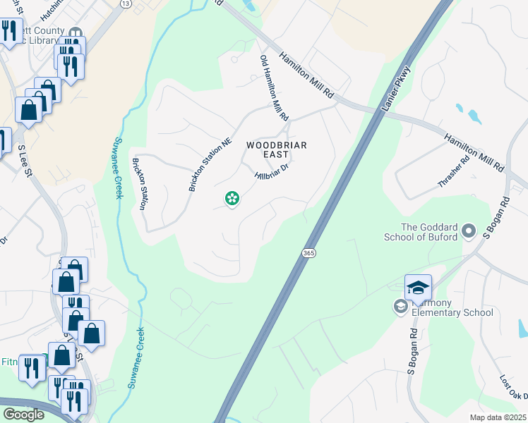map of restaurants, bars, coffee shops, grocery stores, and more near 4316 Woodland Bank Boulevard in Buford