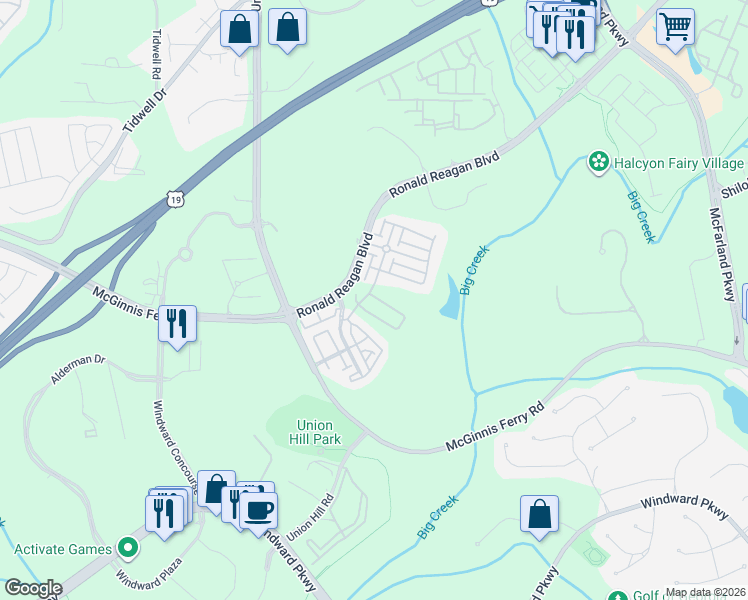 map of restaurants, bars, coffee shops, grocery stores, and more near 7505 Scarlet Drive in Alpharetta