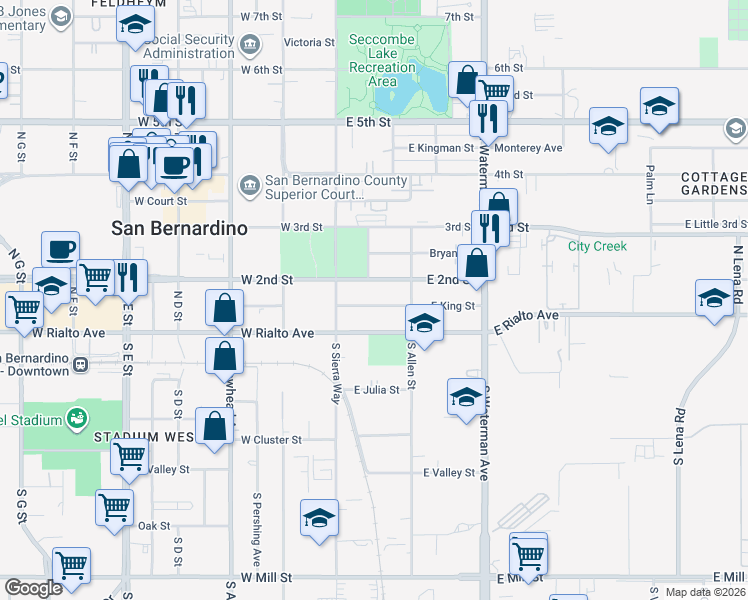 map of restaurants, bars, coffee shops, grocery stores, and more near 155 East 2nd Street in San Bernardino