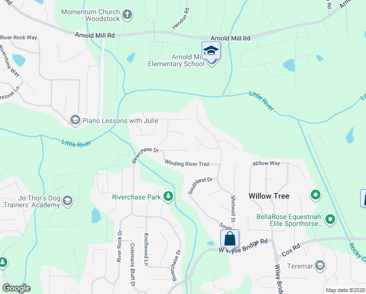 map of restaurants, bars, coffee shops, grocery stores, and more near 201 Riverchase Drive in Woodstock