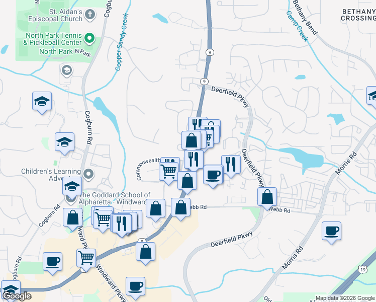 map of restaurants, bars, coffee shops, grocery stores, and more near 3170 Genesis Way in Alpharetta