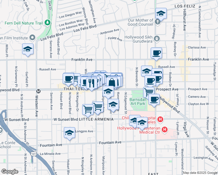 map of restaurants, bars, coffee shops, grocery stores, and more near 5001 Hollywood Boulevard in Los Angeles