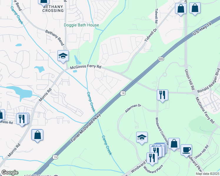map of restaurants, bars, coffee shops, grocery stores, and more near 3887 Manor View in Alpharetta