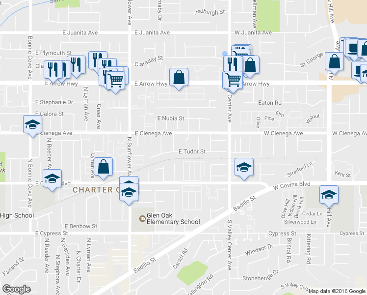 map of restaurants, bars, coffee shops, grocery stores, and more near 21223 East Tudor Street in Covina