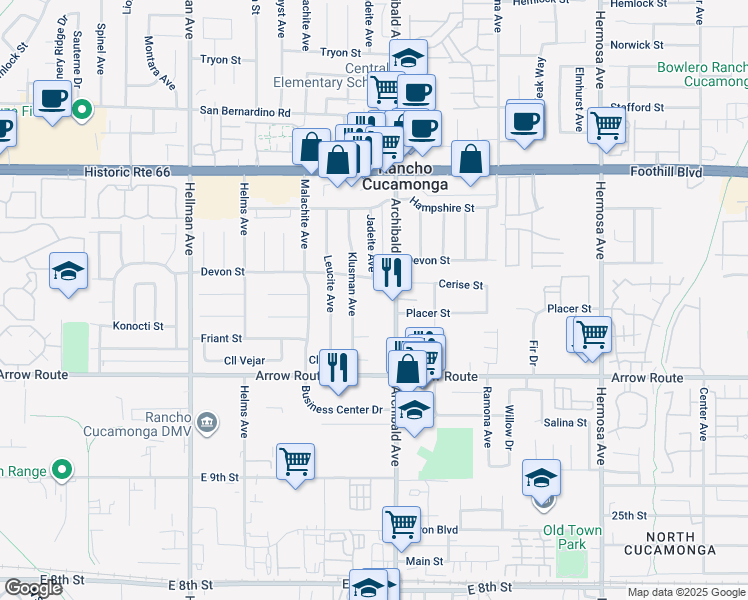 map of restaurants, bars, coffee shops, grocery stores, and more near 9679 Devon Street in Rancho Cucamonga