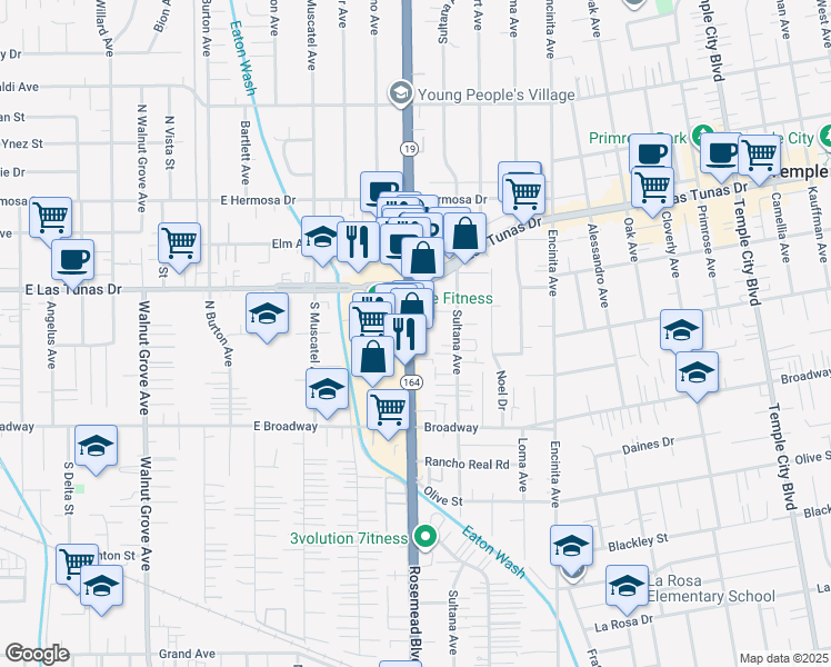 map of restaurants, bars, coffee shops, grocery stores, and more near 5630 Rosemead Boulevard in Temple City