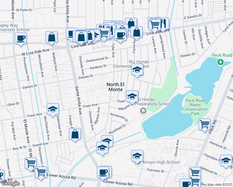 map of restaurants, bars, coffee shops, grocery stores, and more near 5329 Marshburn Avenue in Arcadia