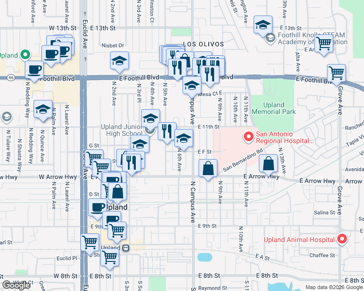 map of restaurants, bars, coffee shops, grocery stores, and more near 642 North 6th Avenue in Upland