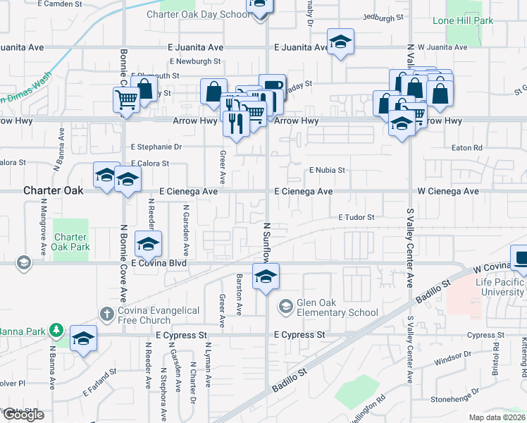 map of restaurants, bars, coffee shops, grocery stores, and more near 4944 North Sunflower Avenue in Covina