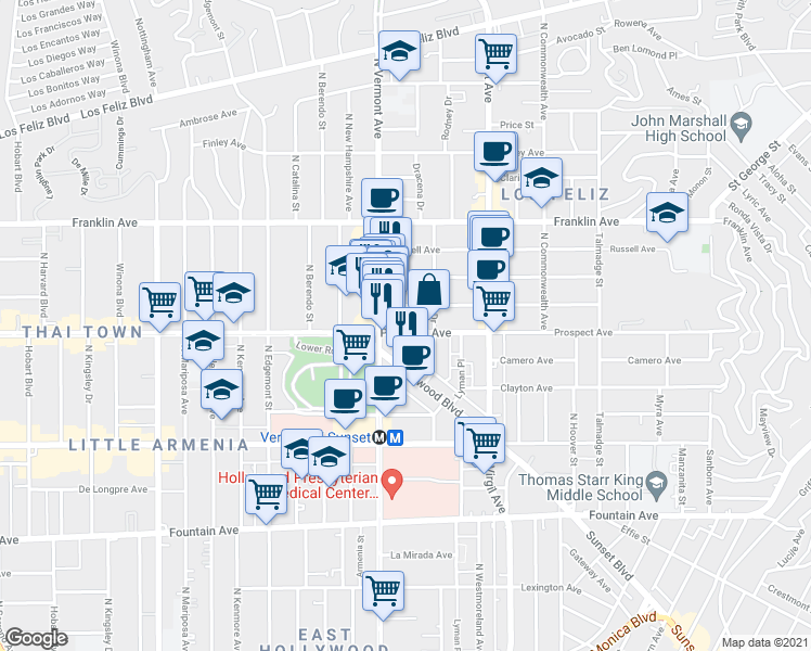 map of restaurants, bars, coffee shops, grocery stores, and more near 4629 Prospect Avenue in Los Angeles