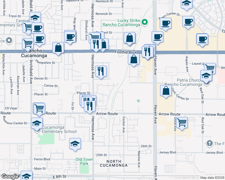 map of restaurants, bars, coffee shops, grocery stores, and more near 8353 Sunset Trail Place in Rancho Cucamonga