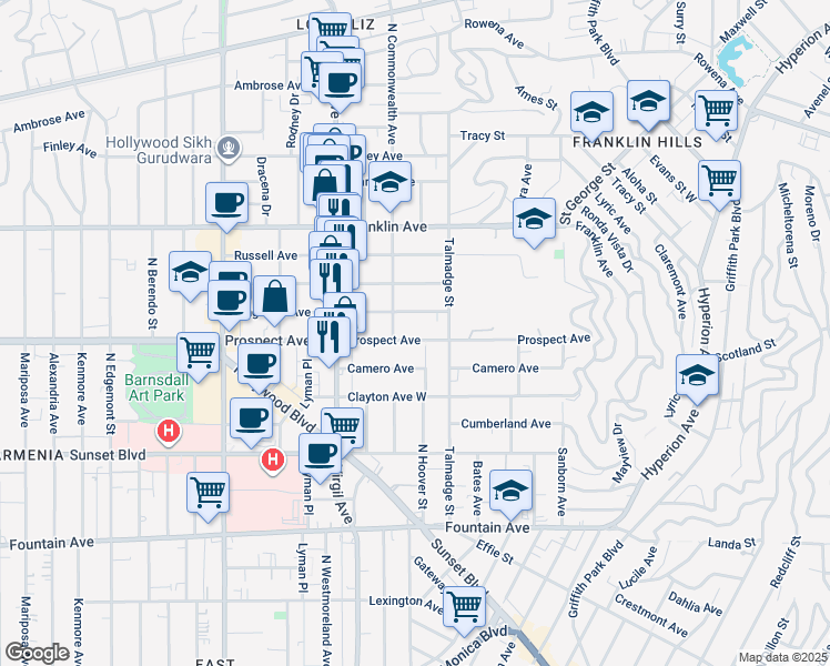 map of restaurants, bars, coffee shops, grocery stores, and more near 4337 Prospect Avenue in Los Angeles