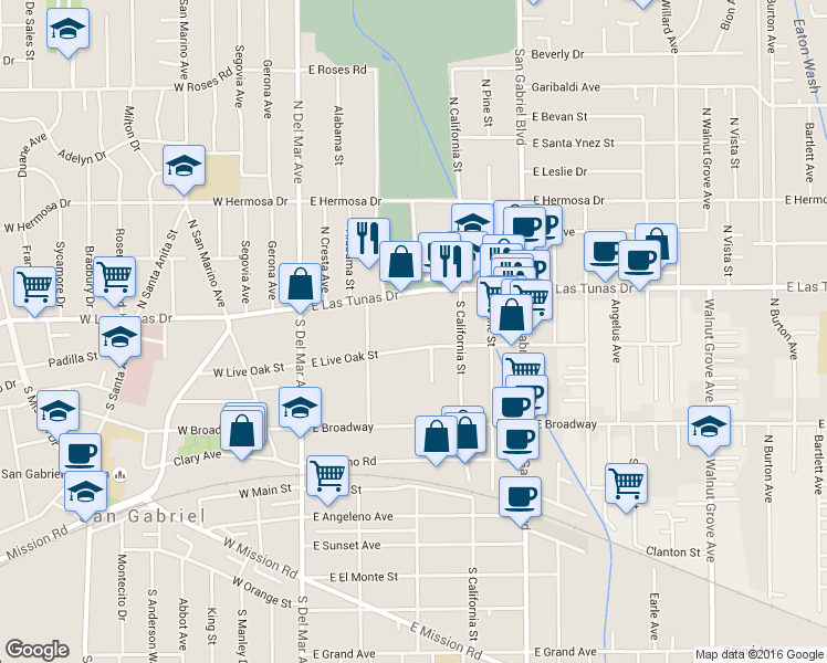 map of restaurants, bars, coffee shops, grocery stores, and more near 401 East Live Oak Street in San Gabriel