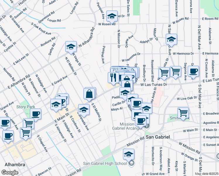 map of restaurants, bars, coffee shops, grocery stores, and more near 919 West Las Tunas Drive in San Gabriel