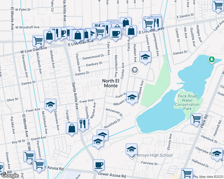 map of restaurants, bars, coffee shops, grocery stores, and more near 5329 Marshburn Avenue in Arcadia