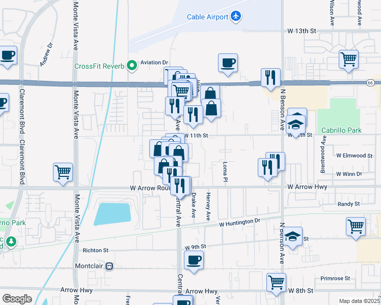 map of restaurants, bars, coffee shops, grocery stores, and more near 661 Sawyer Place in Upland