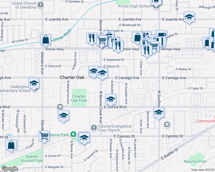 map of restaurants, bars, coffee shops, grocery stores, and more near 1261 North Reeder Avenue in Covina