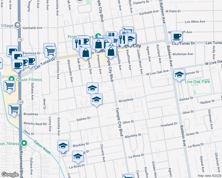 map of restaurants, bars, coffee shops, grocery stores, and more near 2 Temple City Boulevard in Rosemead