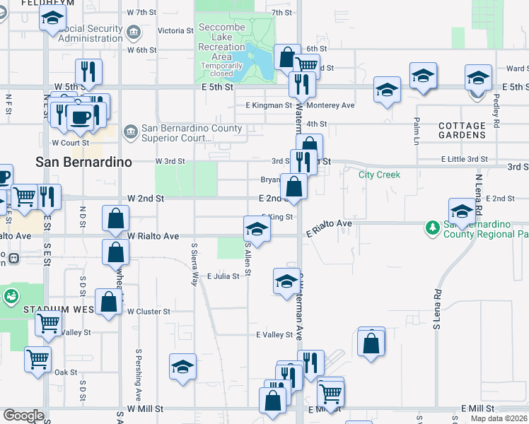 map of restaurants, bars, coffee shops, grocery stores, and more near 226 East King Street in San Bernardino