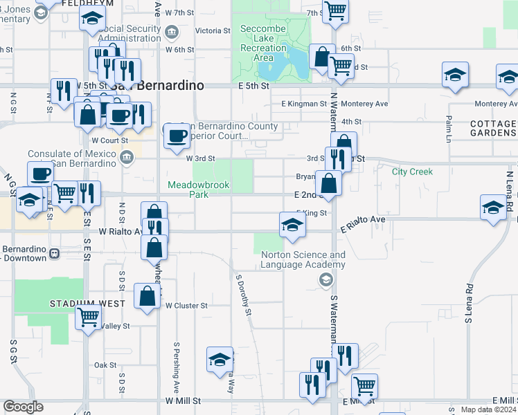 map of restaurants, bars, coffee shops, grocery stores, and more near 156 East King Street in San Bernardino