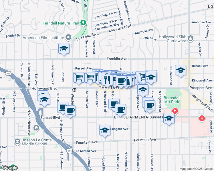 map of restaurants, bars, coffee shops, grocery stores, and more near 5217 Hollywood Boulevard in Los Angeles