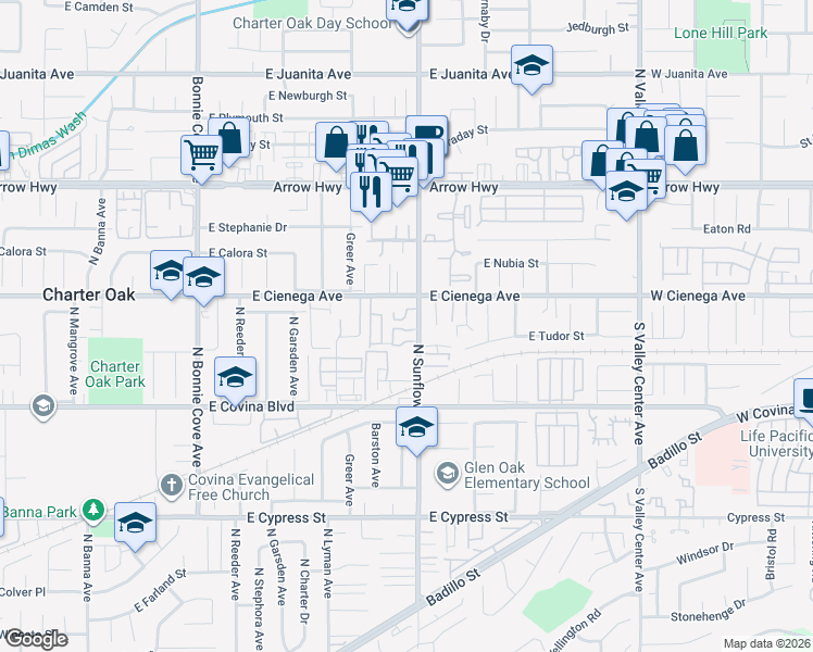 map of restaurants, bars, coffee shops, grocery stores, and more near 1207 North Sunflower Avenue in Covina