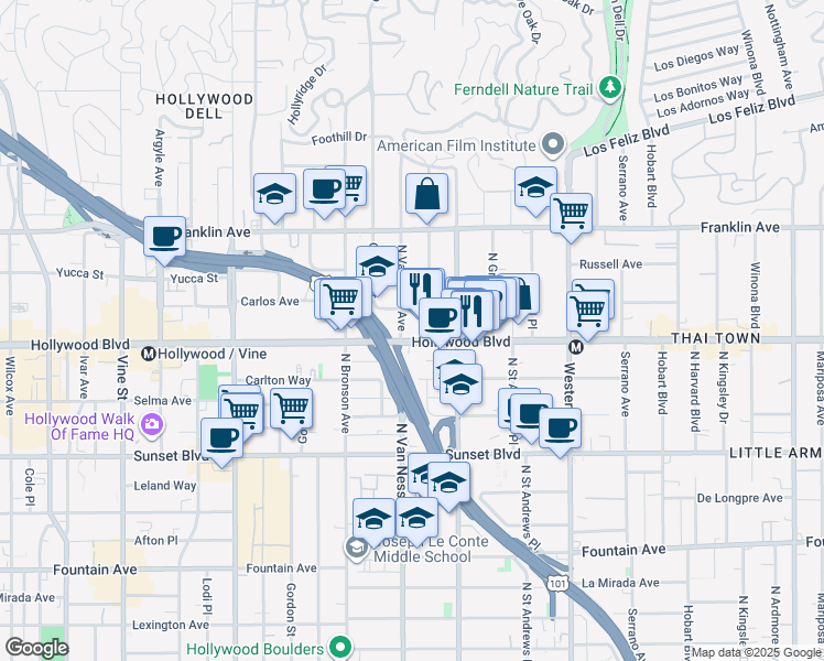 map of restaurants, bars, coffee shops, grocery stores, and more near 5777 Hollywood Boulevard in Los Angeles