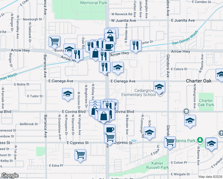 map of restaurants, bars, coffee shops, grocery stores, and more near 4900 North Grand Avenue in Covina