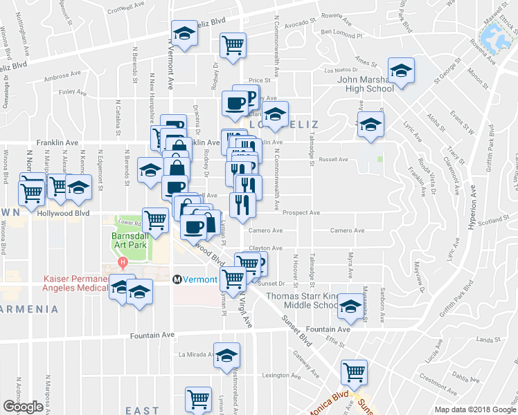 map of restaurants, bars, coffee shops, grocery stores, and more near 4429 Prospect Avenue in Los Angeles