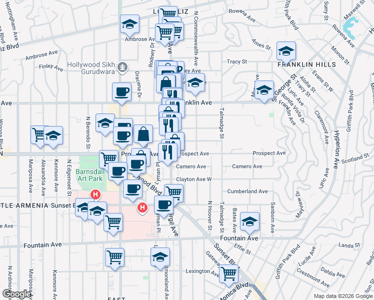 map of restaurants, bars, coffee shops, grocery stores, and more near 4421 Prospect Avenue in Los Angeles