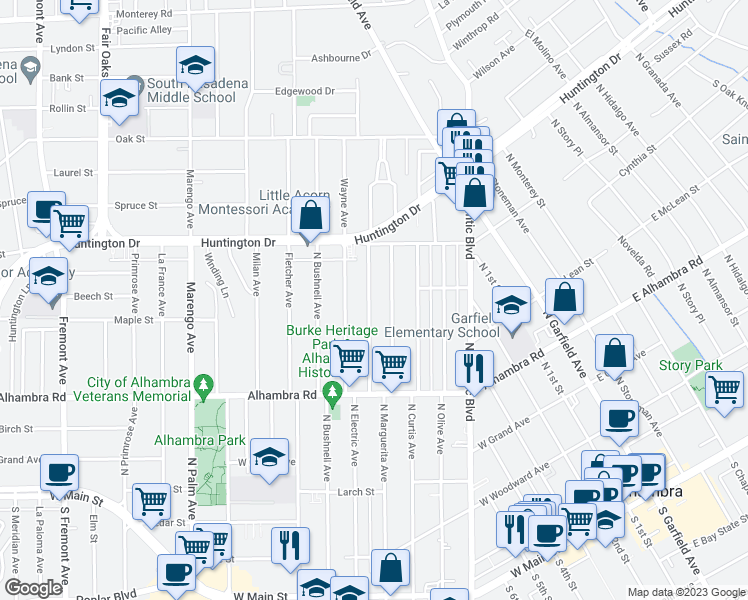 map of restaurants, bars, coffee shops, grocery stores, and more near 826 North Dos Robles Place in Alhambra
