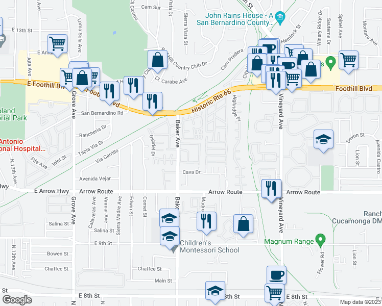 map of restaurants, bars, coffee shops, grocery stores, and more near 8389 Baker Avenue in Rancho Cucamonga