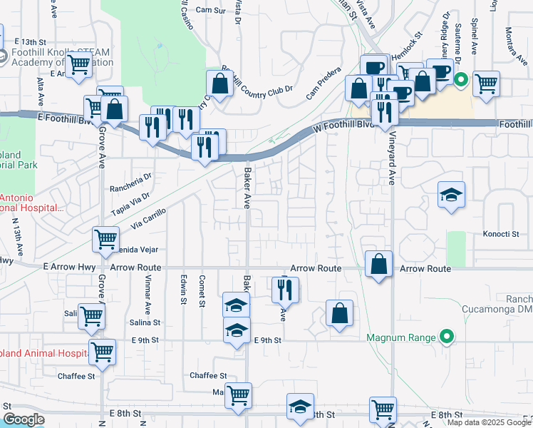 map of restaurants, bars, coffee shops, grocery stores, and more near 8389 Baker Avenue in Rancho Cucamonga