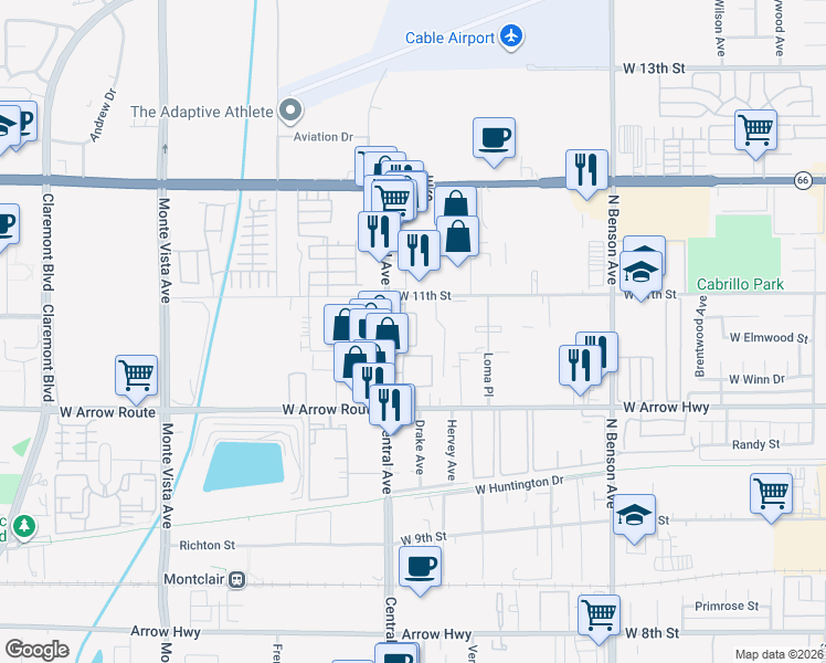 map of restaurants, bars, coffee shops, grocery stores, and more near 673 Sawyer Place in Upland