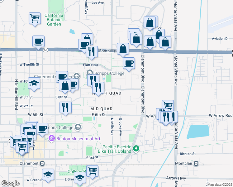 map of restaurants, bars, coffee shops, grocery stores, and more near 500 East 9th Street in Claremont