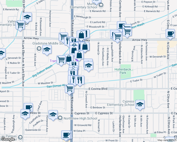 map of restaurants, bars, coffee shops, grocery stores, and more near 758 West Grondahl Street in Covina