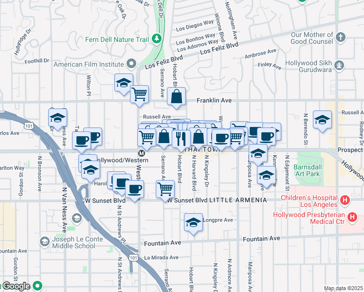 map of restaurants, bars, coffee shops, grocery stores, and more near 1720 North Harvard Boulevard in Los Angeles