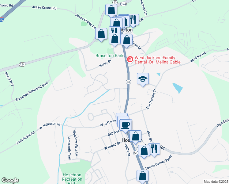 map of restaurants, bars, coffee shops, grocery stores, and more near 304 Eagles Bluff Way in Hoschton