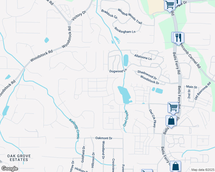 map of restaurants, bars, coffee shops, grocery stores, and more near 730 Dover Springs Drive in Acworth