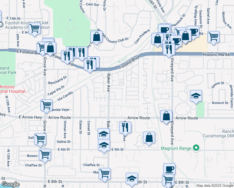 map of restaurants, bars, coffee shops, grocery stores, and more near 8389 Baker Avenue in Rancho Cucamonga