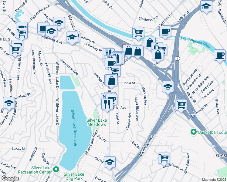 map of restaurants, bars, coffee shops, grocery stores, and more near 2477 Silver Lake Boulevard in Los Angeles