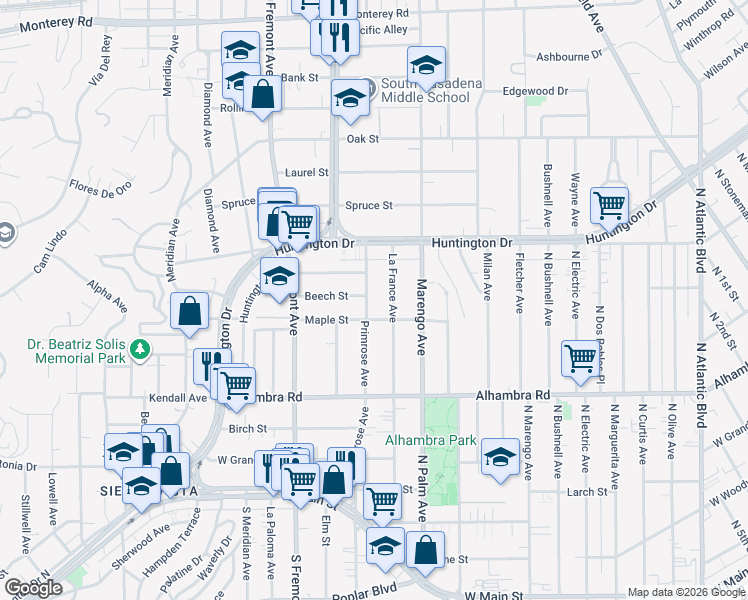 map of restaurants, bars, coffee shops, grocery stores, and more near 1954 Primrose Avenue in South Pasadena