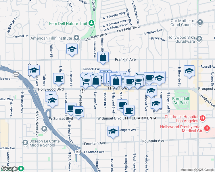 map of restaurants, bars, coffee shops, grocery stores, and more near 1720 North Harvard Boulevard in Los Angeles