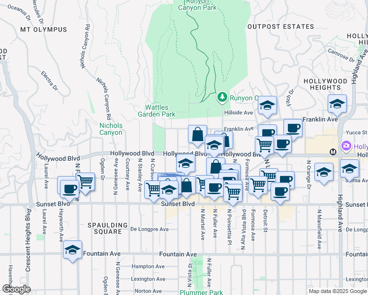map of restaurants, bars, coffee shops, grocery stores, and more near 1731 North Gardner Street in Los Angeles
