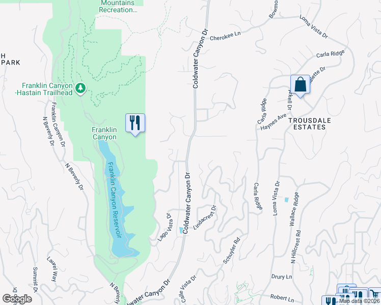 map of restaurants, bars, coffee shops, grocery stores, and more near 1720 Coldwater Canyon Drive in Beverly Hills