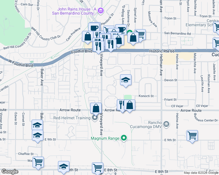 map of restaurants, bars, coffee shops, grocery stores, and more near 8305 Vineyard Avenue in Rancho Cucamonga