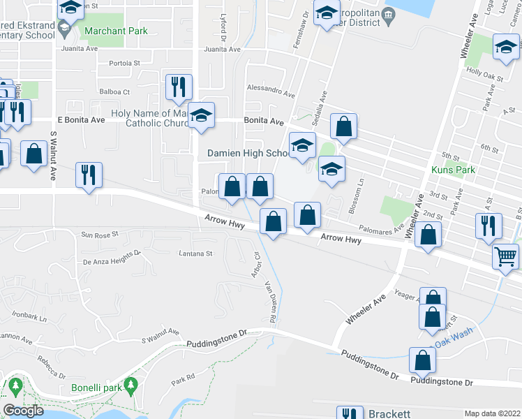 map of restaurants, bars, coffee shops, grocery stores, and more near 932 Palomares Avenue in La Verne